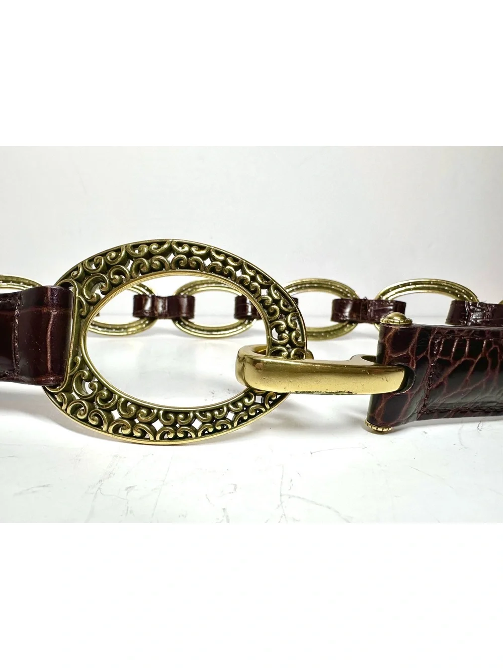 Vintage Brighton Dark Brown Croc-Embossed Leather Brass Tone Chain Links Size 32